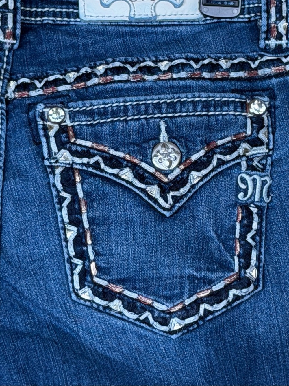 Miss Me Y2K Bootcut Jeans Sz 28x32 Low Rise Dark Wash Western Cowboy Embroidered - Picture 7 of 11